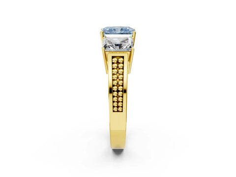 Yellow gold Fancy Blue Radiant Cut Diamond Three-Stone Ring with Prong Setting and Textured Band_8