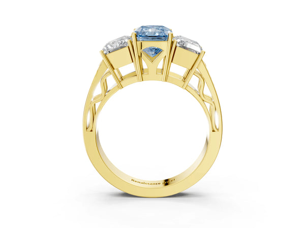 Yellow gold Fancy Blue Radiant Cut Diamond Three-Stone Ring with Prong Setting and Textured Band