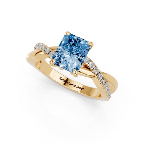 Yellow gold Fancy Blue Radiant  Cut Diamond Twist Band Solitaire with Prong Setting_3