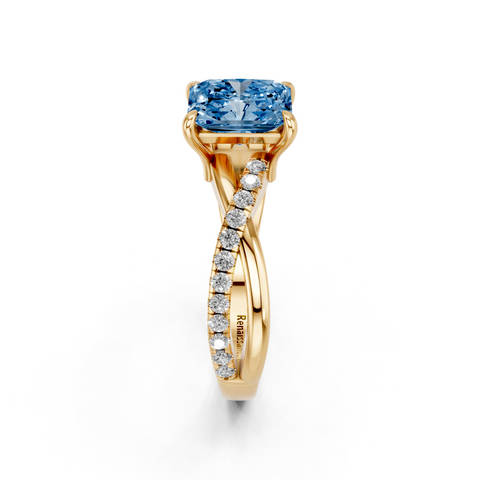 Yellow gold Fancy Blue Radiant  Cut Diamond Twist Band Solitaire with Prong Setting_4