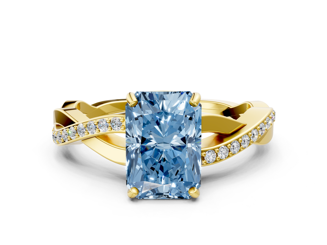Yellow gold Fancy Blue Radiant  Cut Diamond Twisted Band Engagement Ring with Prong Setting_3