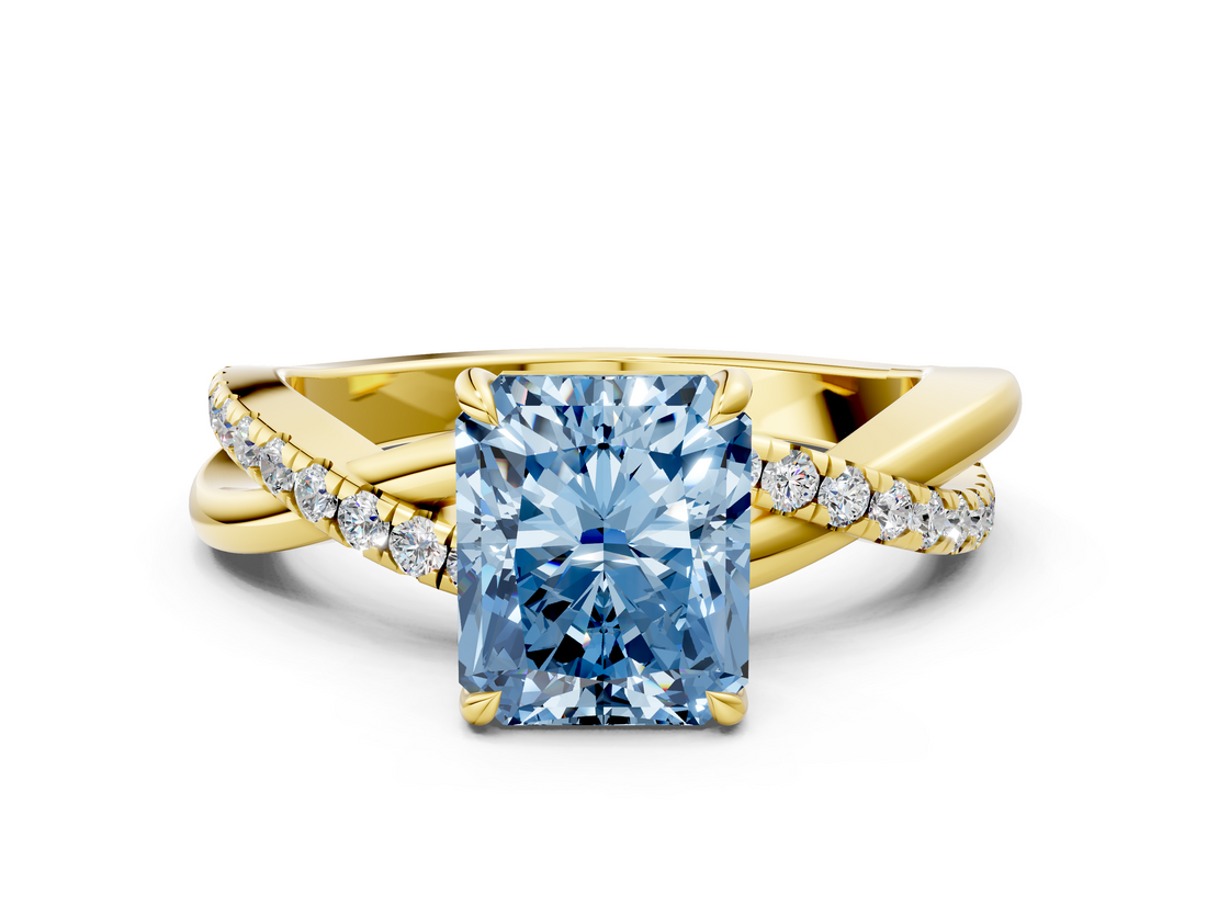 Yellow gold Fancy Blue Radiant  Cut Diamond Twisted Band with Pavé Setting and Four-Prong Setting_21