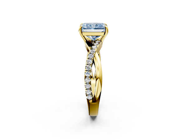 Yellow gold Fancy Blue Radiant  Cut Diamond Twisted Band with Pavé Setting and Four-Prong Setting