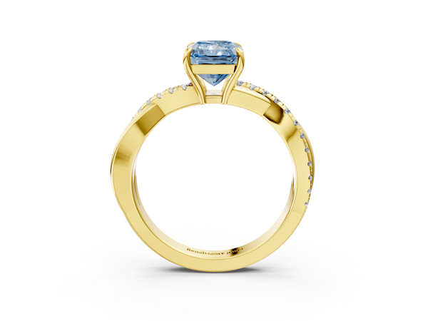 Yellow gold Fancy Blue Radiant  Cut Diamond Twisted Band with Pavé Setting and Four-Prong Setting