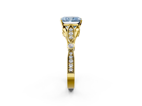 Yellow gold Fancy Blue Radiant  Cut Diamond with Milgrain Marquise and Bezel Accents on a Solitaire Band with Prong Setting