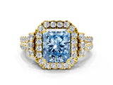 Yellow gold Fancy Blue Radiant  Cut Double Halo Diamond Engagement Ring with Pave Band and Four-Prong Setting_42