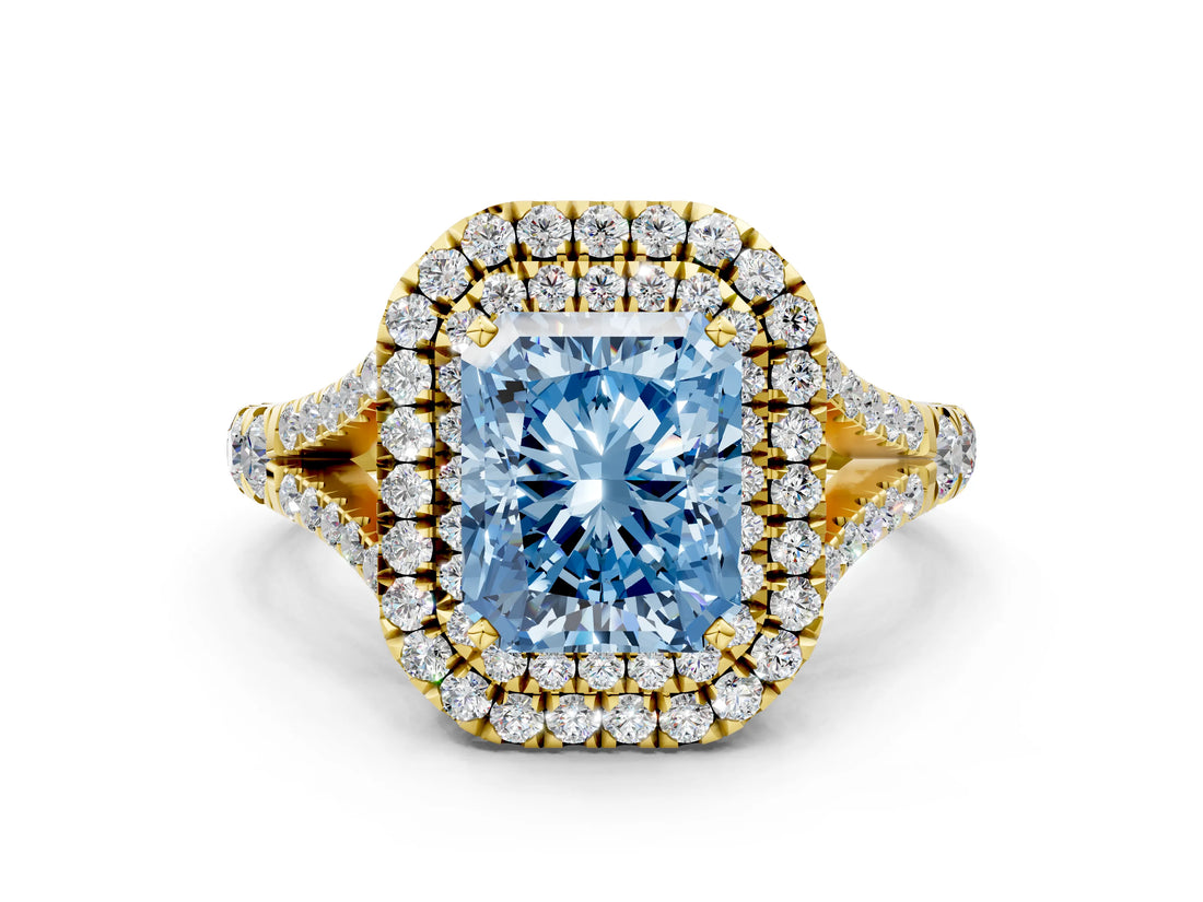 Yellow gold Fancy Blue Radiant  Cut Double Halo Split Shank Diamond Ring with Prong Setting_49