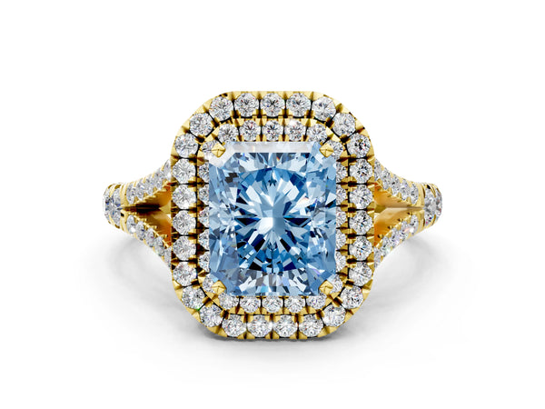 Yellow gold Fancy Blue Radiant  Cut Double Halo Split Shank Diamond Ring with Prong Setting