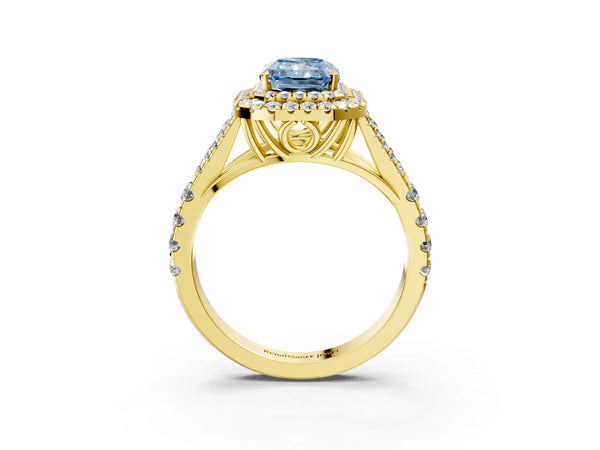Yellow gold Fancy Blue Radiant  Cut Double Halo Split Shank Diamond Ring with Prong Setting