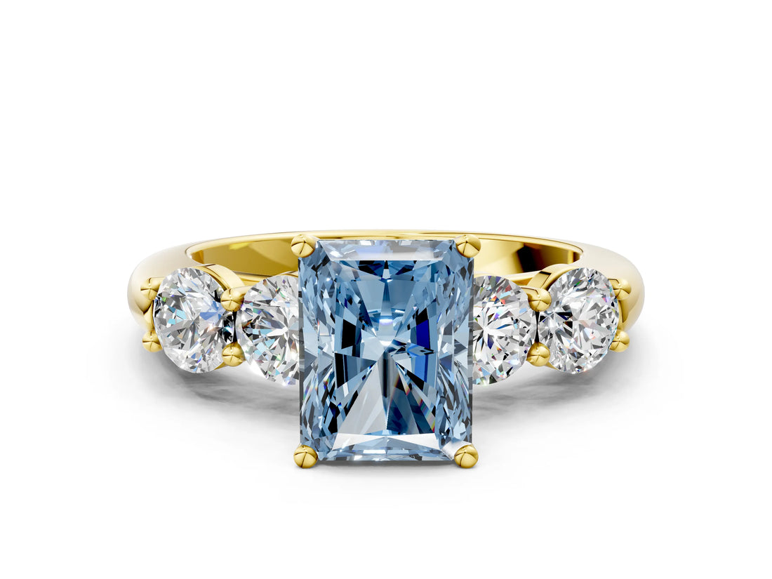 Yellow gold Fancy Blue Radiant  Cut Five-Stone Prong Set Diamond Ring with Classic Band_32