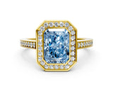 Yellow gold Fancy Blue Radiant Cut Halo Bezel Diamond Pave Band Ring