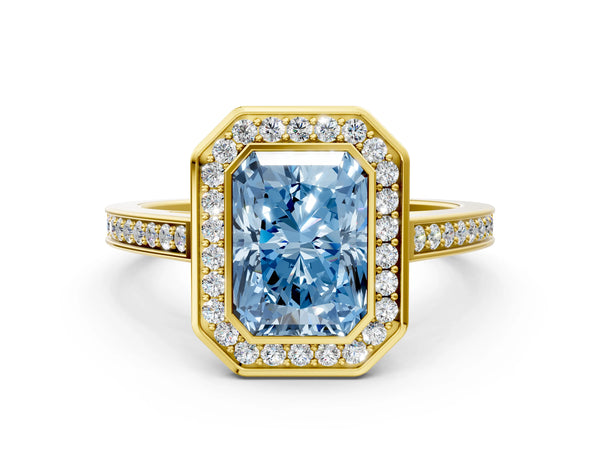 Yellow gold Fancy Blue Radiant Cut Halo Bezel Diamond Pave Band Ring