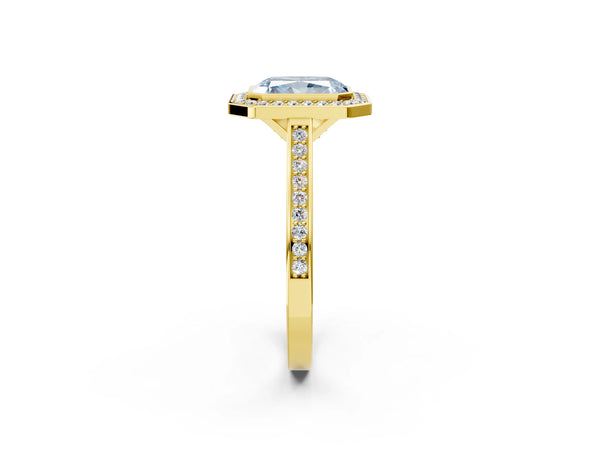 Yellow gold Fancy Blue Radiant Cut Halo Bezel Diamond Pave Band Ring