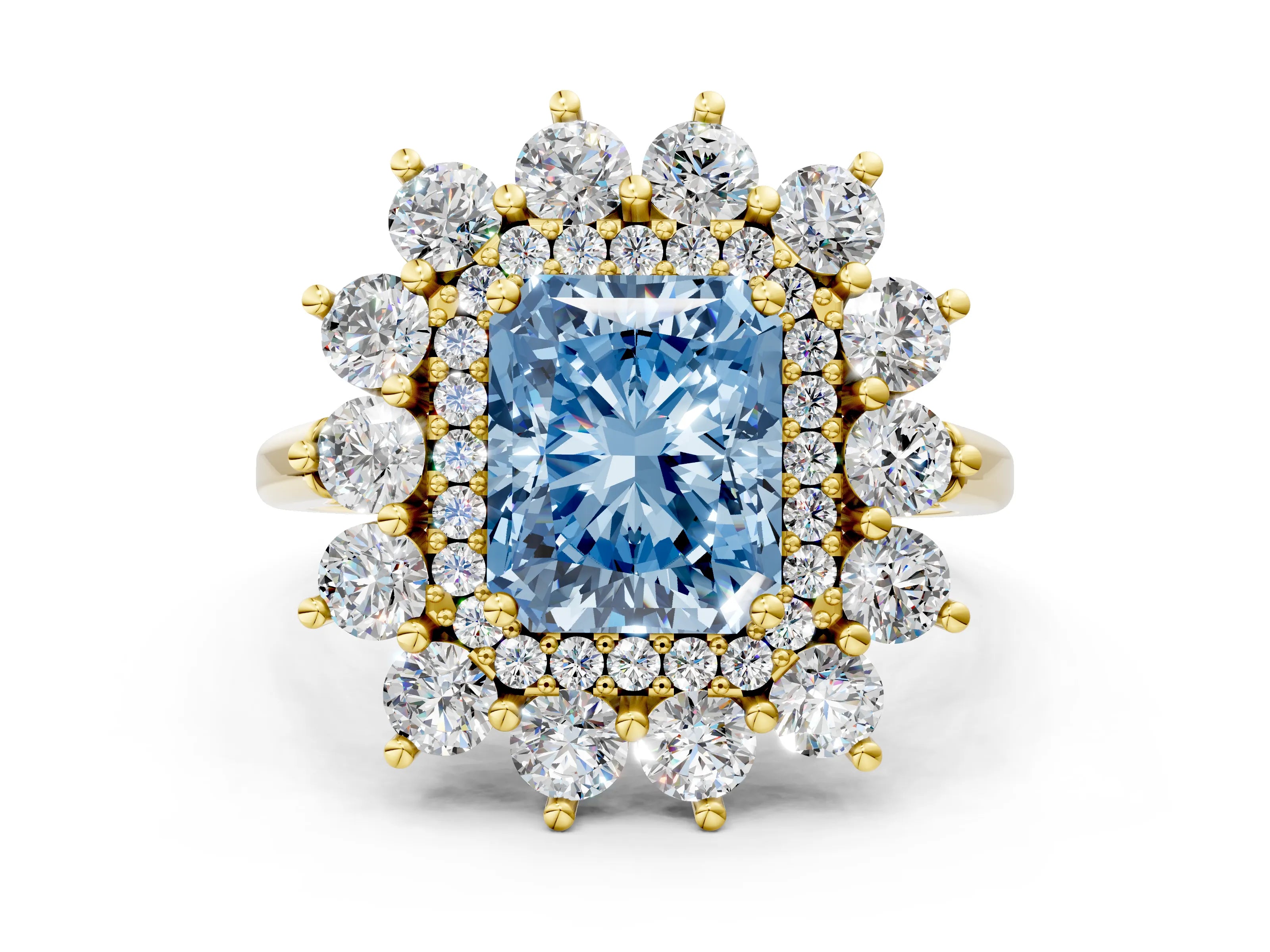 Yellow gold Fancy Blue Radiant Cut Halo Cluster Diamond Ring with Pave Band and Four-Prong Setting
