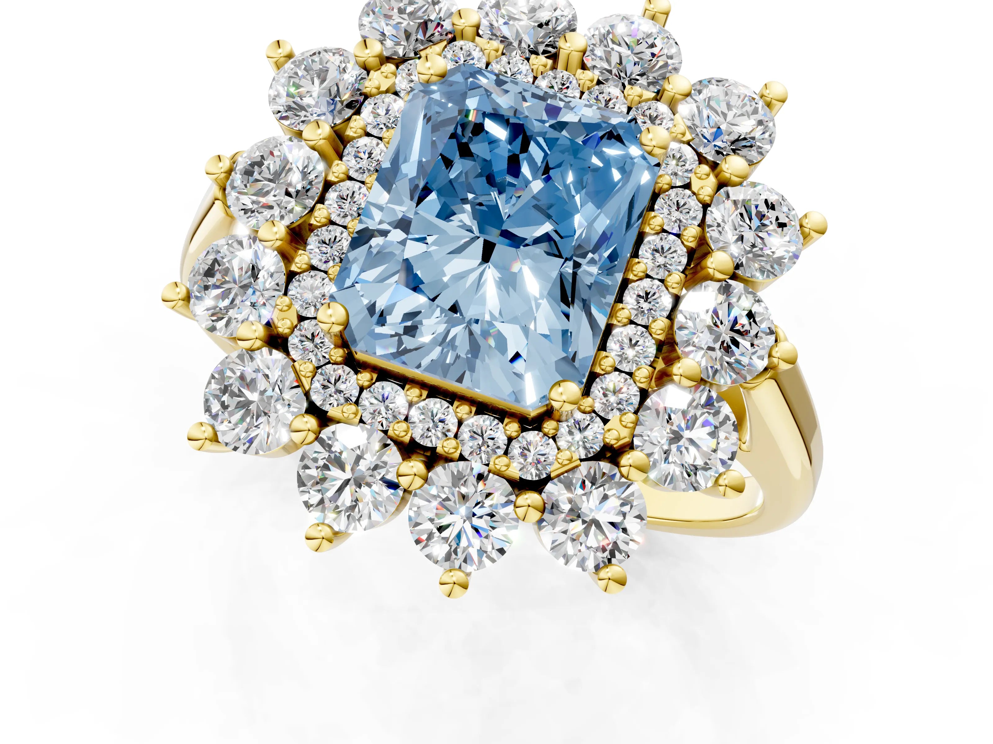 Yellow gold Fancy Blue Radiant Cut Halo Cluster Diamond Ring with Pave Band and Four-Prong Setting_1