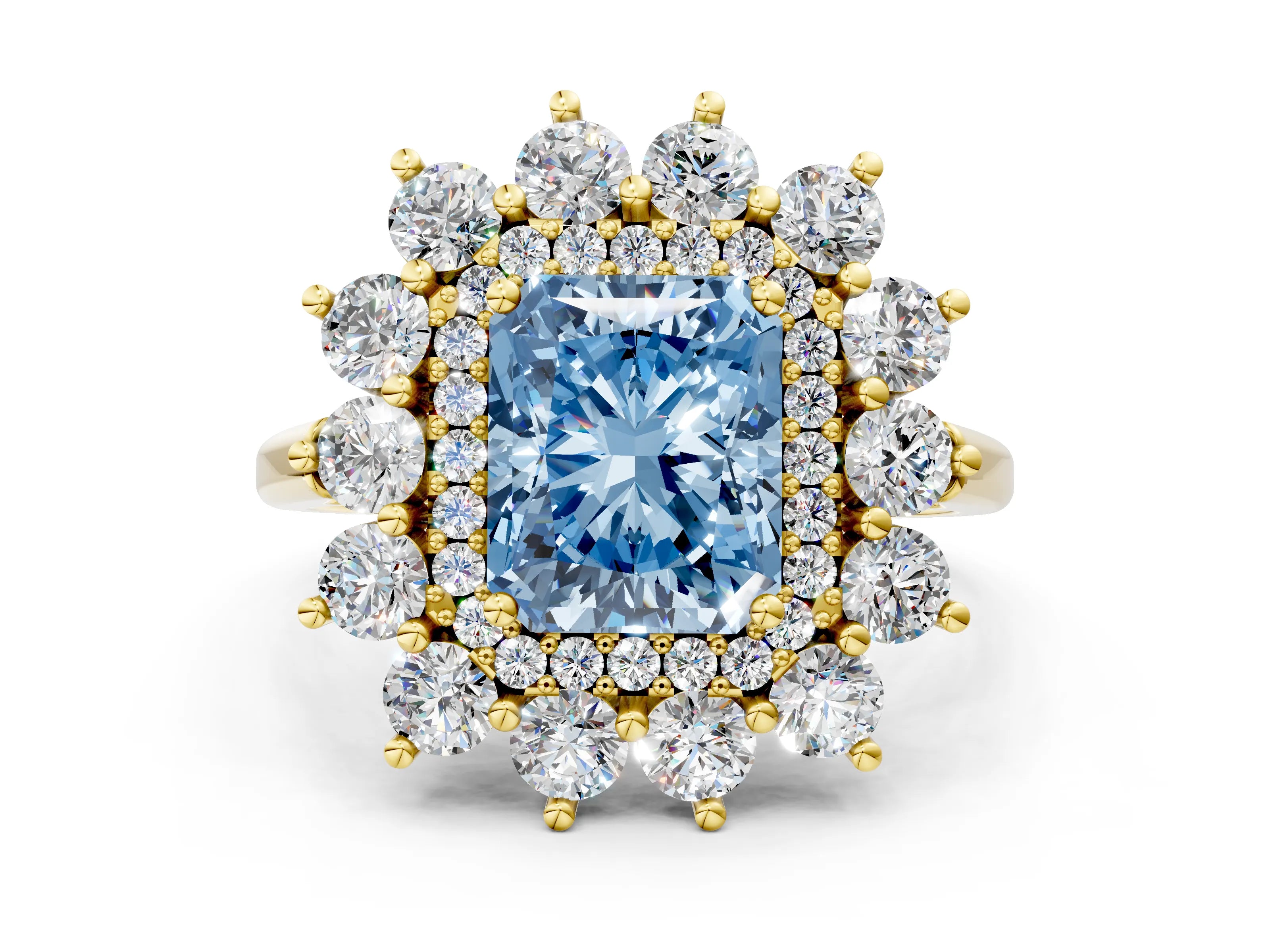 Yellow gold Fancy Blue Radiant Cut Halo Cluster Diamond Ring with Pave Band and Four-Prong Setting_12