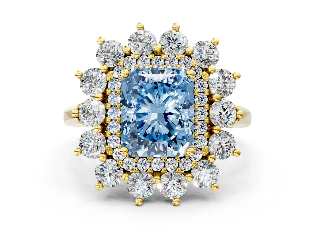 Yellow gold Fancy Blue Radiant Cut Halo Cluster Diamond Ring with Pave Band and Four-Prong Setting_12