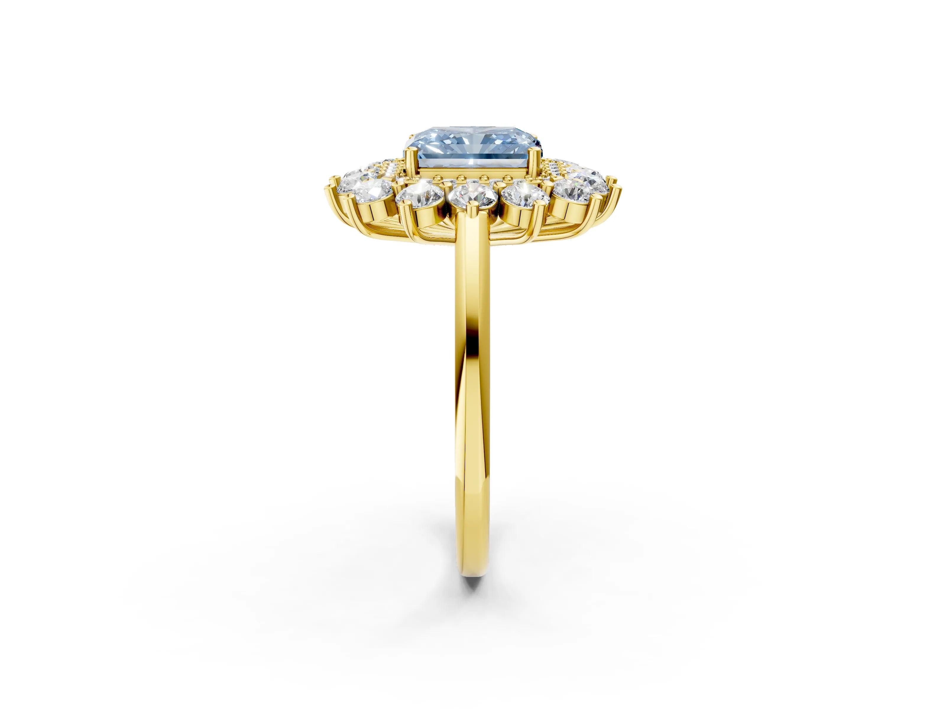 Yellow gold Fancy Blue Radiant Cut Halo Cluster Diamond Ring with Pave Band and Four-Prong Setting_14