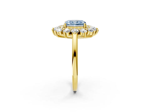 Yellow gold Fancy Blue Radiant Cut Halo Cluster Diamond Ring with Pave Band and Four-Prong Setting_14