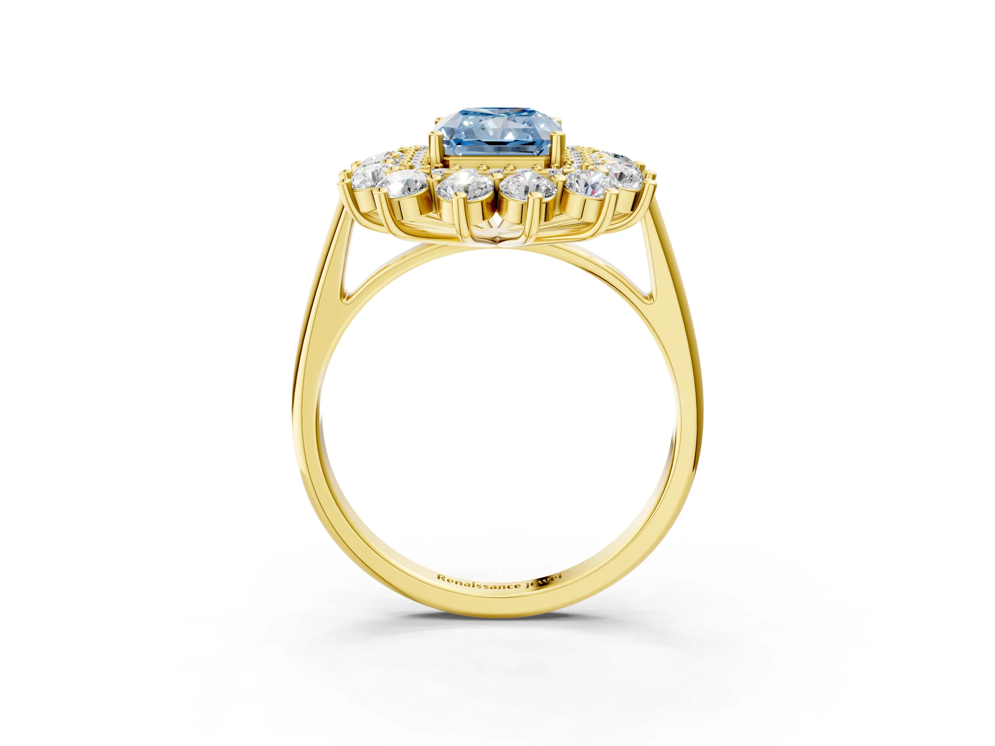 Yellow gold Fancy Blue Radiant Cut Halo Cluster Diamond Ring with Pave Band and Four-Prong Setting_15