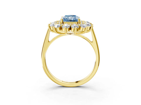Yellow gold Fancy Blue Radiant Cut Halo Cluster Diamond Ring with Pave Band and Four-Prong Setting_15