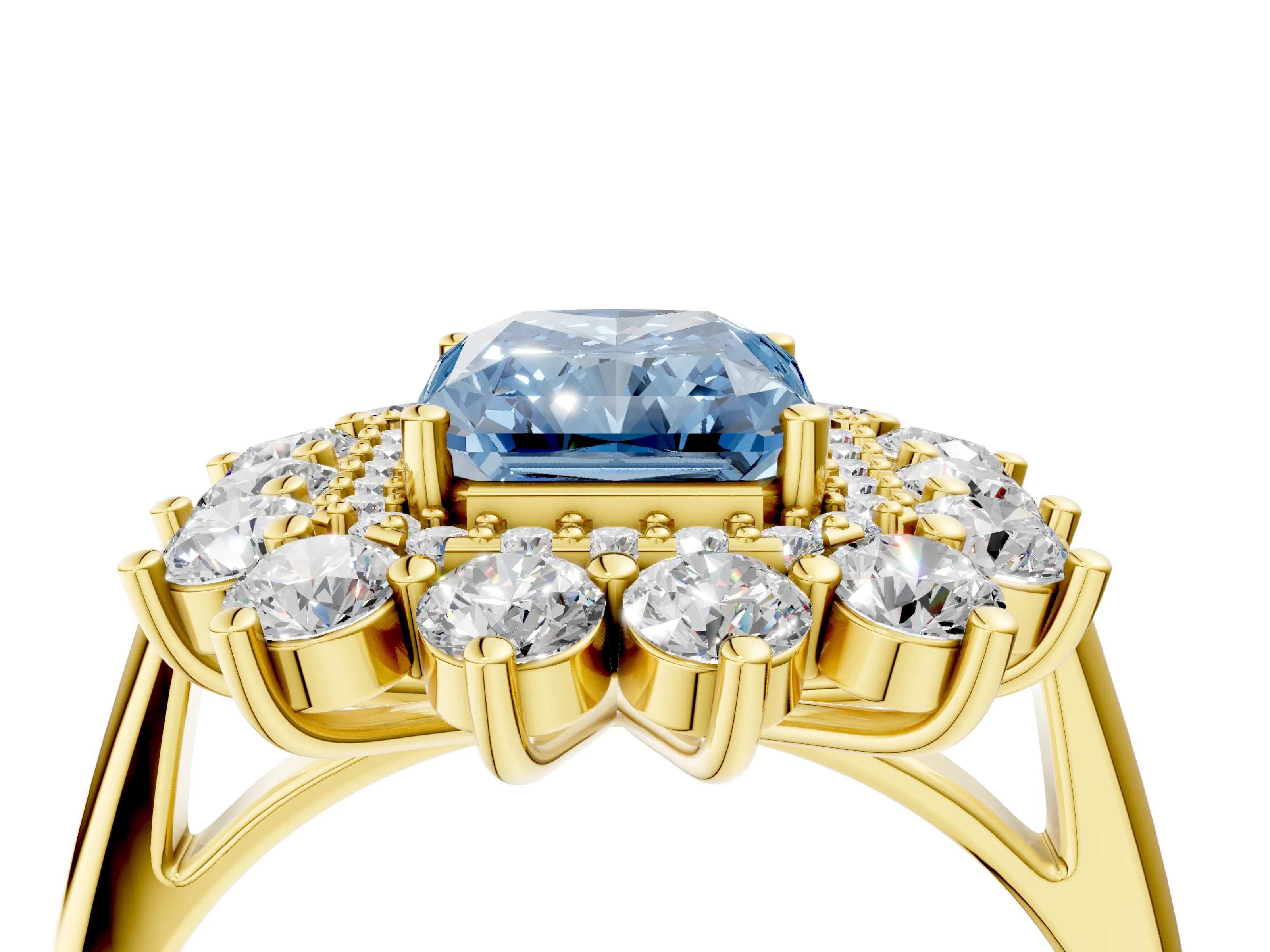 Yellow gold Fancy Blue Radiant Cut Halo Cluster Diamond Ring with Pave Band and Four-Prong Setting_16