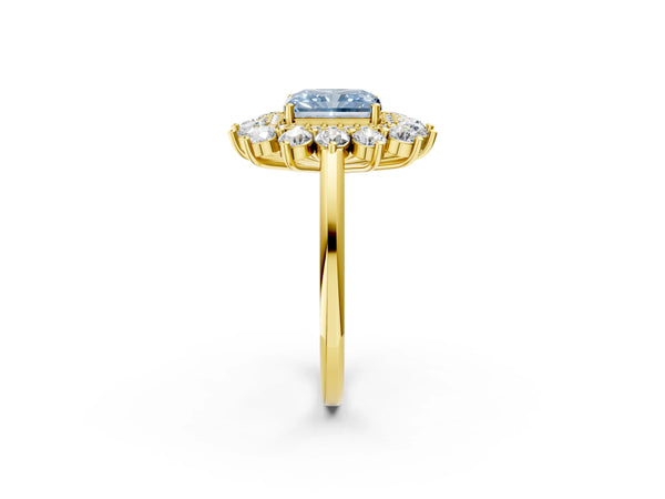 Yellow gold Fancy Blue Radiant Cut Halo Cluster Diamond Ring with Pave Band and Four-Prong Setting