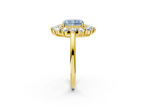 Yellow gold Fancy Blue Radiant Cut Halo Cluster Diamond Ring with Pave Band and Four-Prong Setting_2