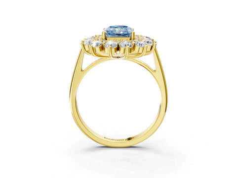 Yellow gold Fancy Blue Radiant Cut Halo Cluster Diamond Ring with Pave Band and Four-Prong Setting_3