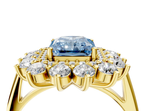 Yellow gold Fancy Blue Radiant Cut Halo Cluster Diamond Ring with Pave Band and Four-Prong Setting_4