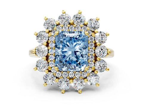 Yellow gold Fancy Blue Radiant Cut Halo Cluster Diamond Ring with Pave Band and Four-Prong Setting