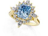 Yellow gold Fancy Blue Radiant Cut Halo Diamond Cluster Ring with Marquise and Round Stones on a White Gold Band with Prong Setting_1