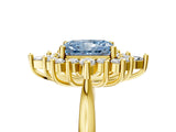 Yellow gold Fancy Blue Radiant Cut Halo Diamond Cluster Ring with Marquise and Round Stones on a White Gold Band with Prong Setting_5