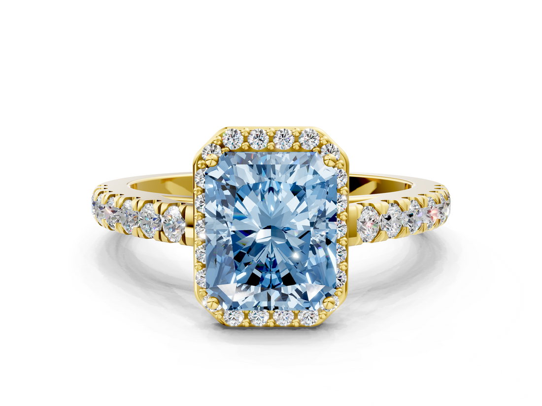 Yellow gold Fancy Blue Radiant  Cut Halo Diamond Engagement Ring with Pave Band and Four-Prong Setting_28
