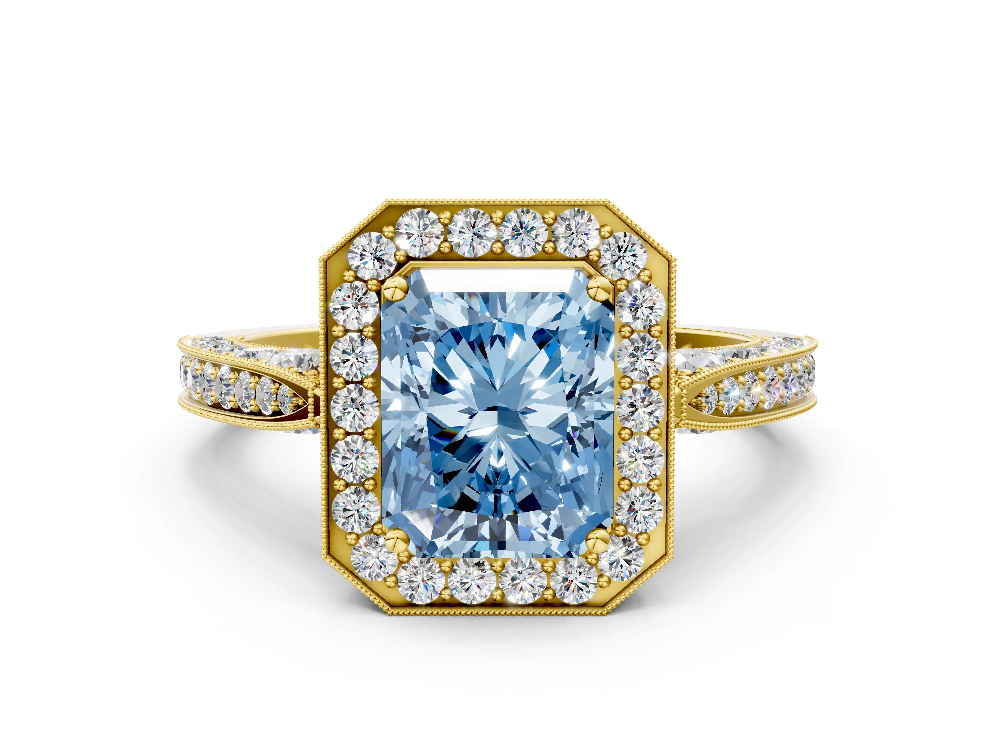 Yellow gold Fancy Blue Radiant Cut Halo Diamond Engagement Ring with Split Shank Band and Four-Prong Setting