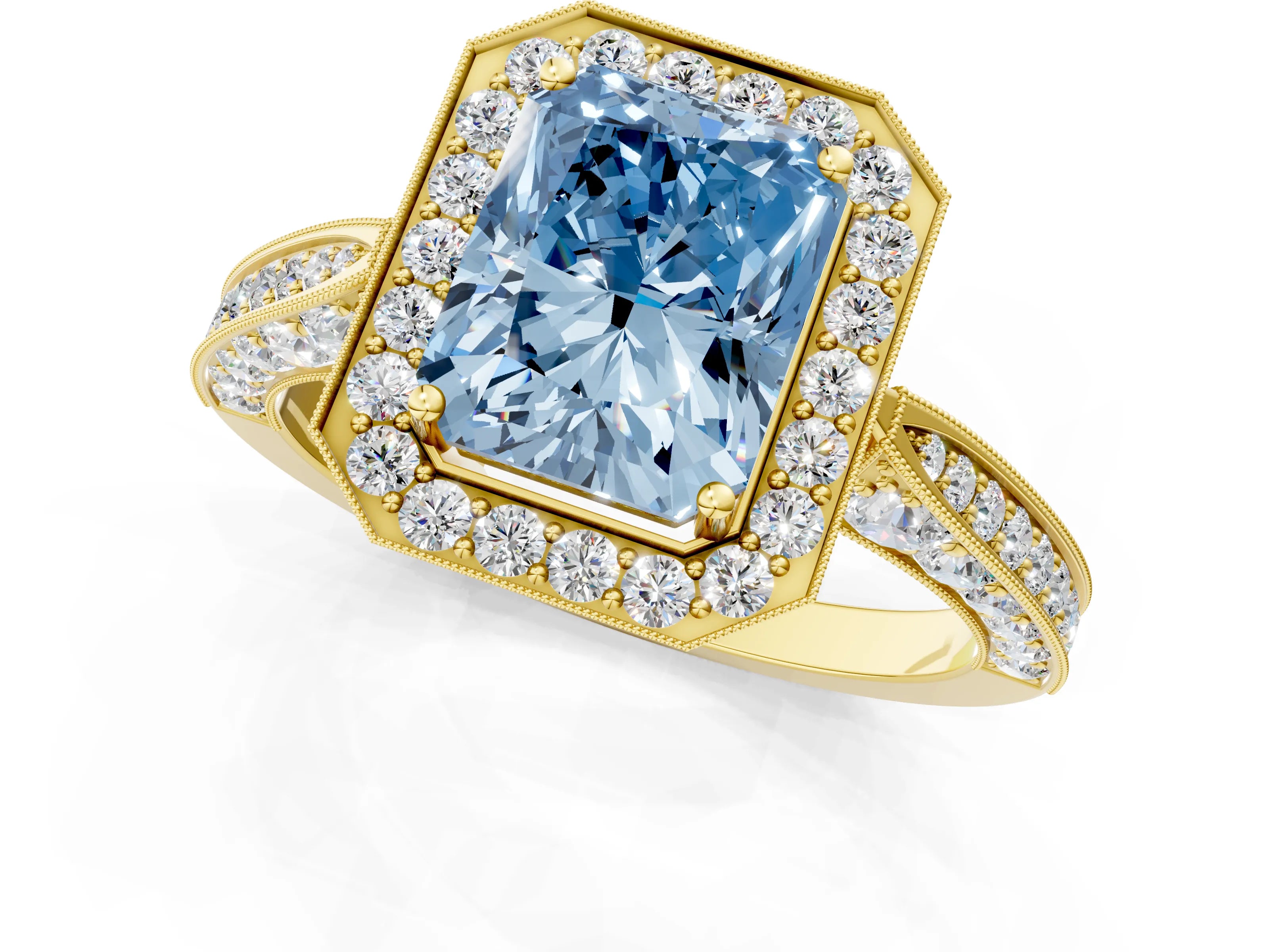 Yellow gold Fancy Blue Radiant Cut Halo Diamond Engagement Ring with Split Shank Band and Four-Prong Setting_1