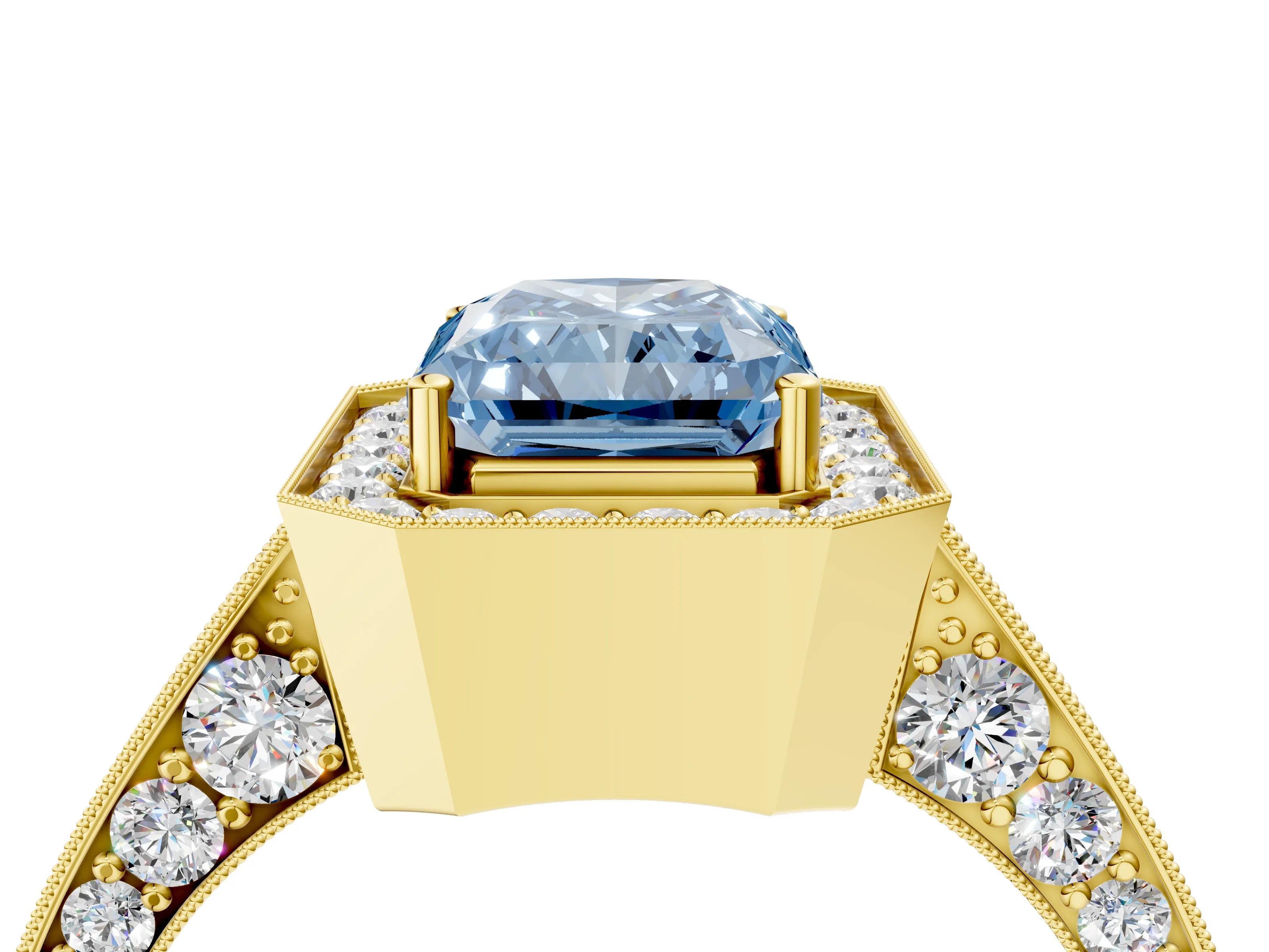 Yellow gold Fancy Blue Radiant Cut Halo Diamond Engagement Ring with Split Shank Band and Four-Prong Setting_4