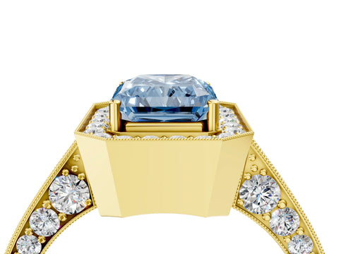 Yellow gold Fancy Blue Radiant Cut Halo Diamond Engagement Ring with Split Shank Band and Four-Prong Setting_4