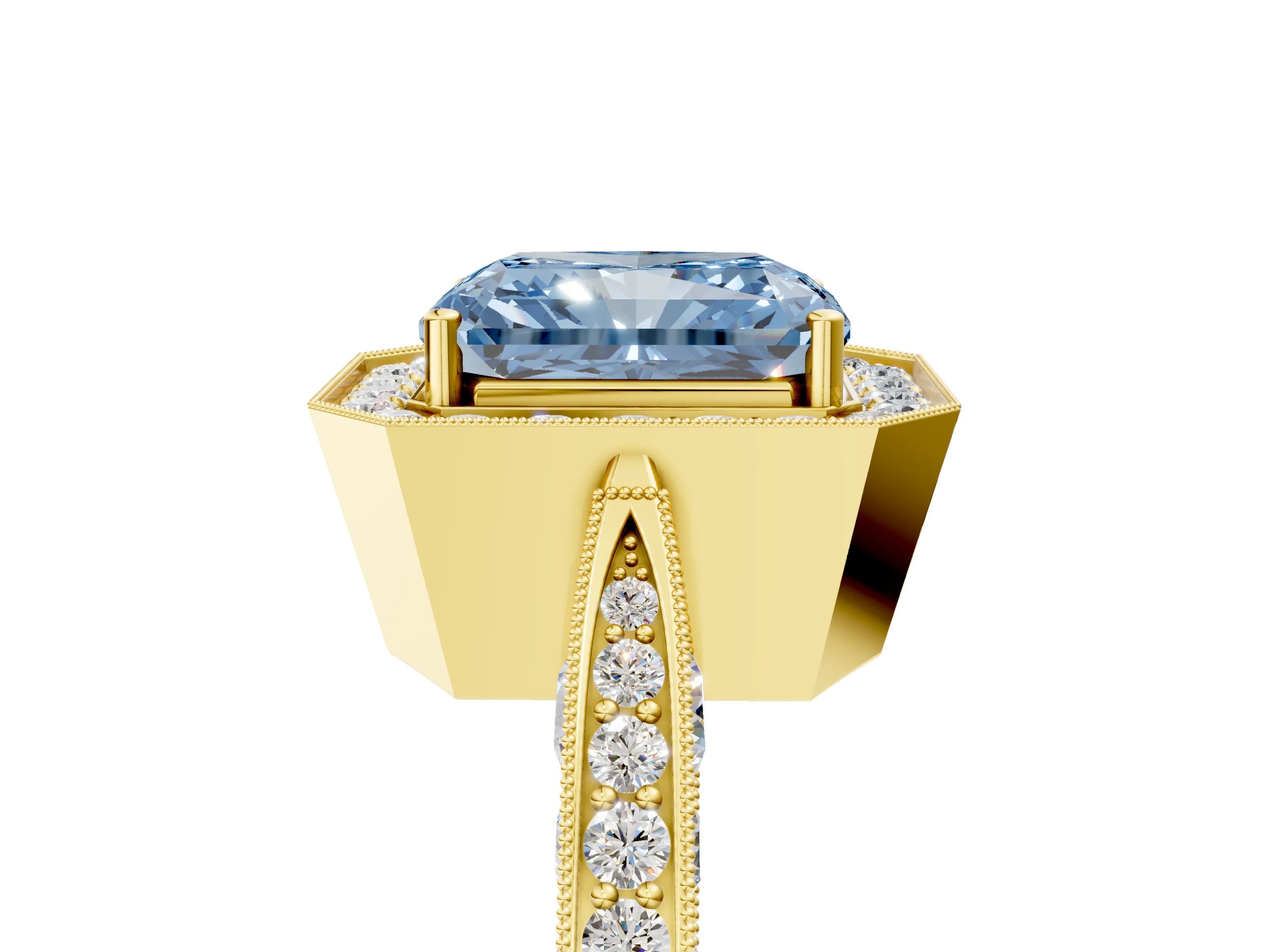 Yellow gold Fancy Blue Radiant Cut Halo Diamond Engagement Ring with Split Shank Band and Four-Prong Setting_5