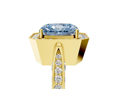 Yellow gold Fancy Blue Radiant Cut Halo Diamond Engagement Ring with Split Shank Band and Four-Prong Setting_5
