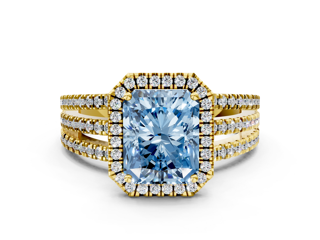 Yellow gold Fancy Blue Radiant  Cut Halo Diamond Engagement Ring with Split Shank and Four-Prong Setting_20