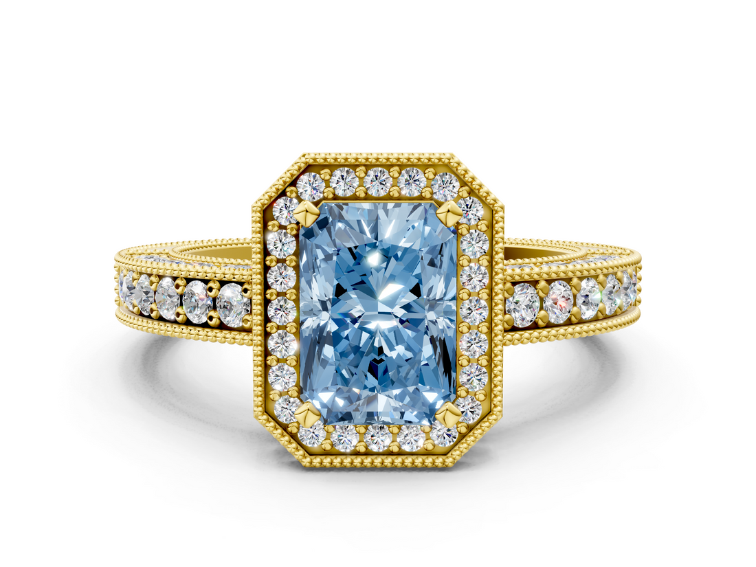 Yellow gold Fancy Blue Radiant  Cut Halo Diamond Pave Band Ring with Four-Prong Setting_25