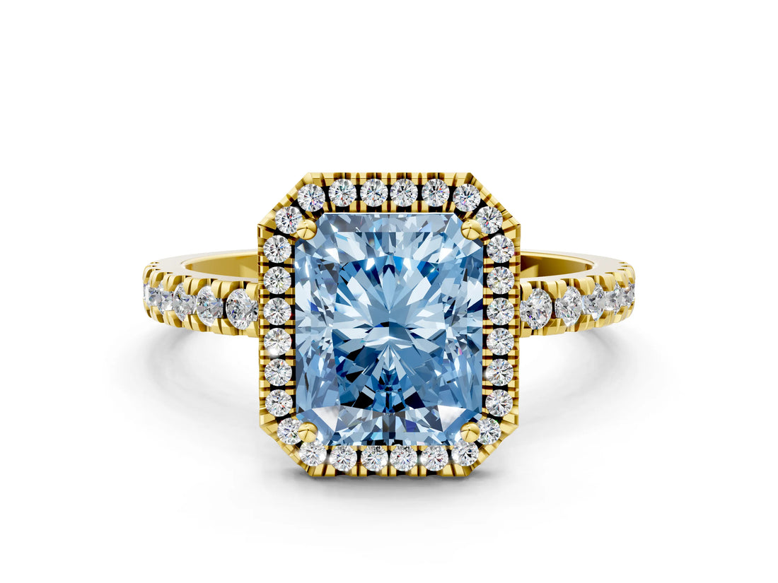 Yellow gold Fancy Blue Radiant Cut Halo Diamond Pave Band with Prong Setting