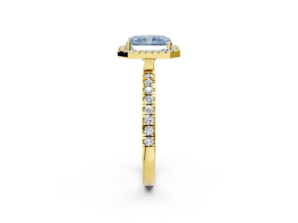 Yellow gold Fancy Blue Radiant Cut Halo Diamond Pave Band with Prong Setting