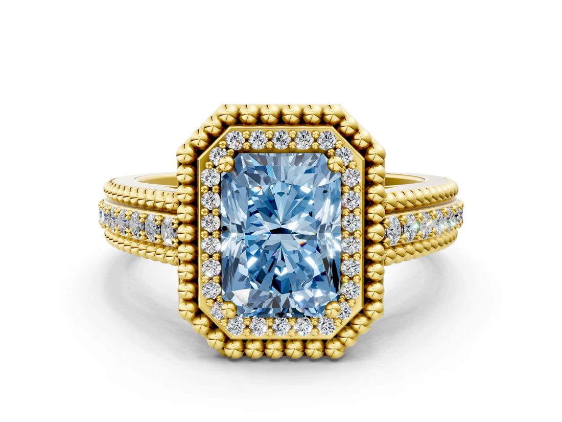 Yellow gold Fancy Blue Radiant Cut Halo Diamond Ring with Beaded Split Shank and Four-Prong Setting