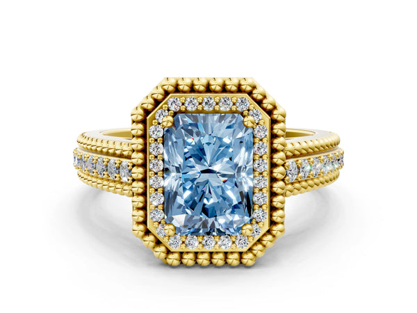 Yellow Gold Radiant Cut Beaded Halo Engagement Ring Setting for Fancy Blue Center with Pave