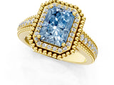 Yellow gold Fancy Blue Radiant Cut Halo Diamond Ring with Beaded Split Shank and Four-Prong Setting_1