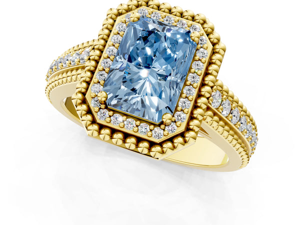 Yellow Gold Radiant Cut Beaded Halo Engagement Ring Setting for Fancy Blue Center with Pave