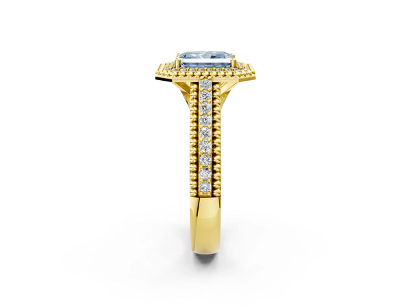 Yellow Gold Radiant Cut Beaded Halo Engagement Ring Setting for Fancy Blue Center with Pave