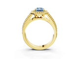 Yellow gold Fancy Blue Radiant Cut Halo Diamond Ring with Beaded Split Shank and Four-Prong Setting_3